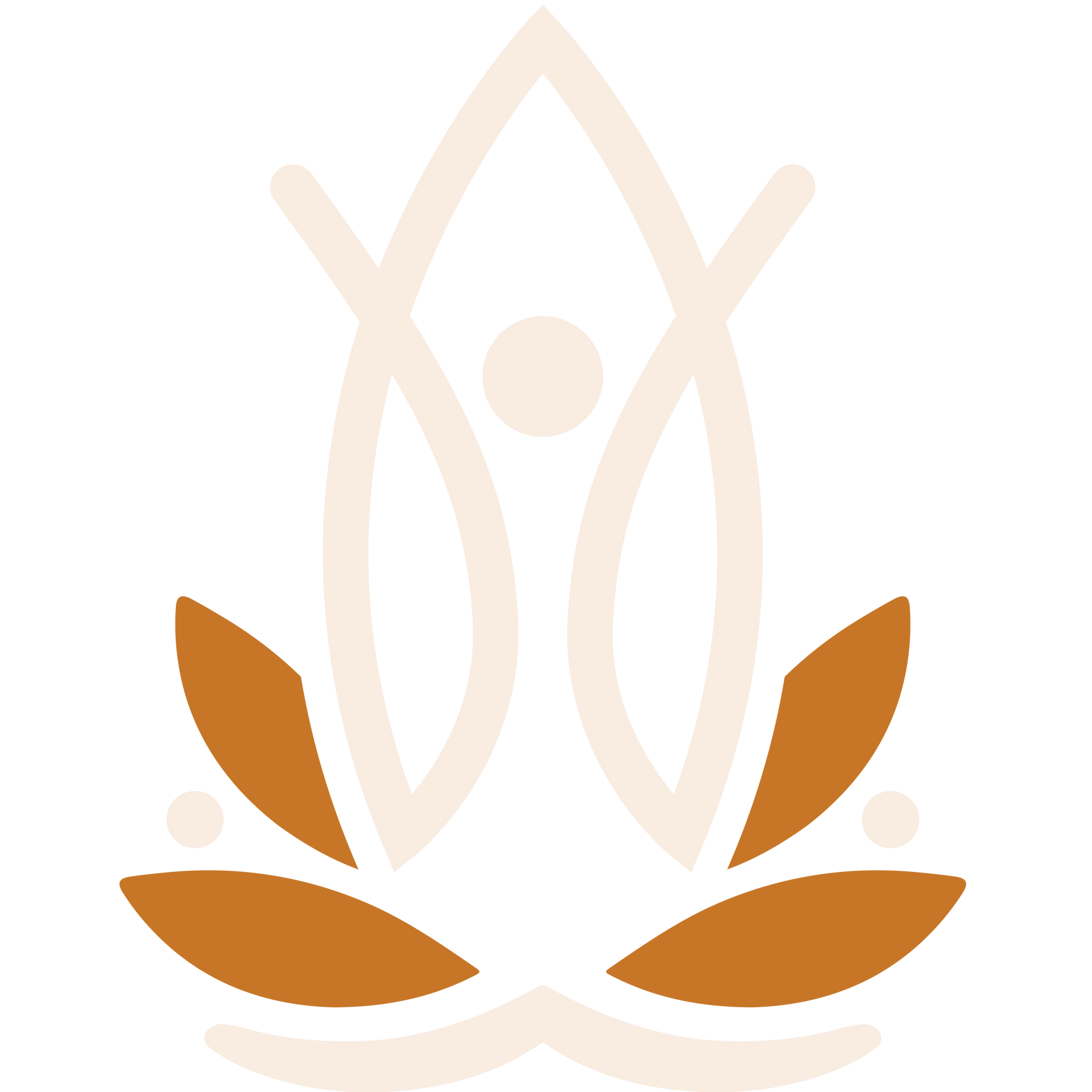 Stylized figure in meditation pose, centered on lotus flower; tan and burnt orange colors.