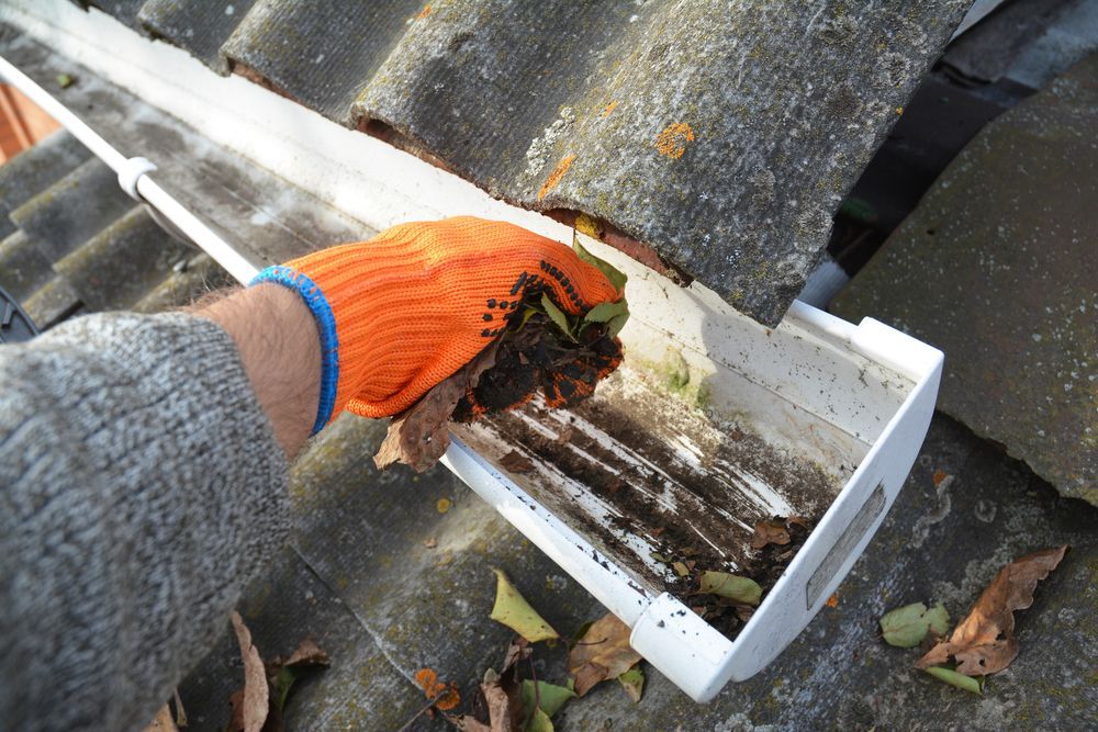 Gloved Hand Removing Debris From A White Rain Gutter — Your Garden in Gungahlin, ACT