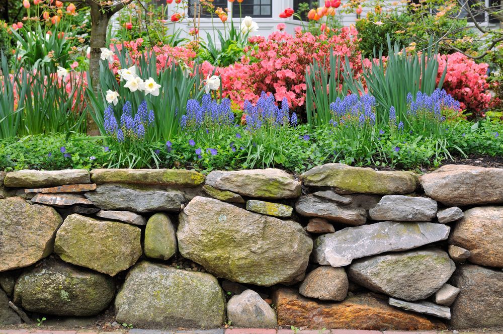 A stone wall surrounded by flowers in a garden with a house in the background.