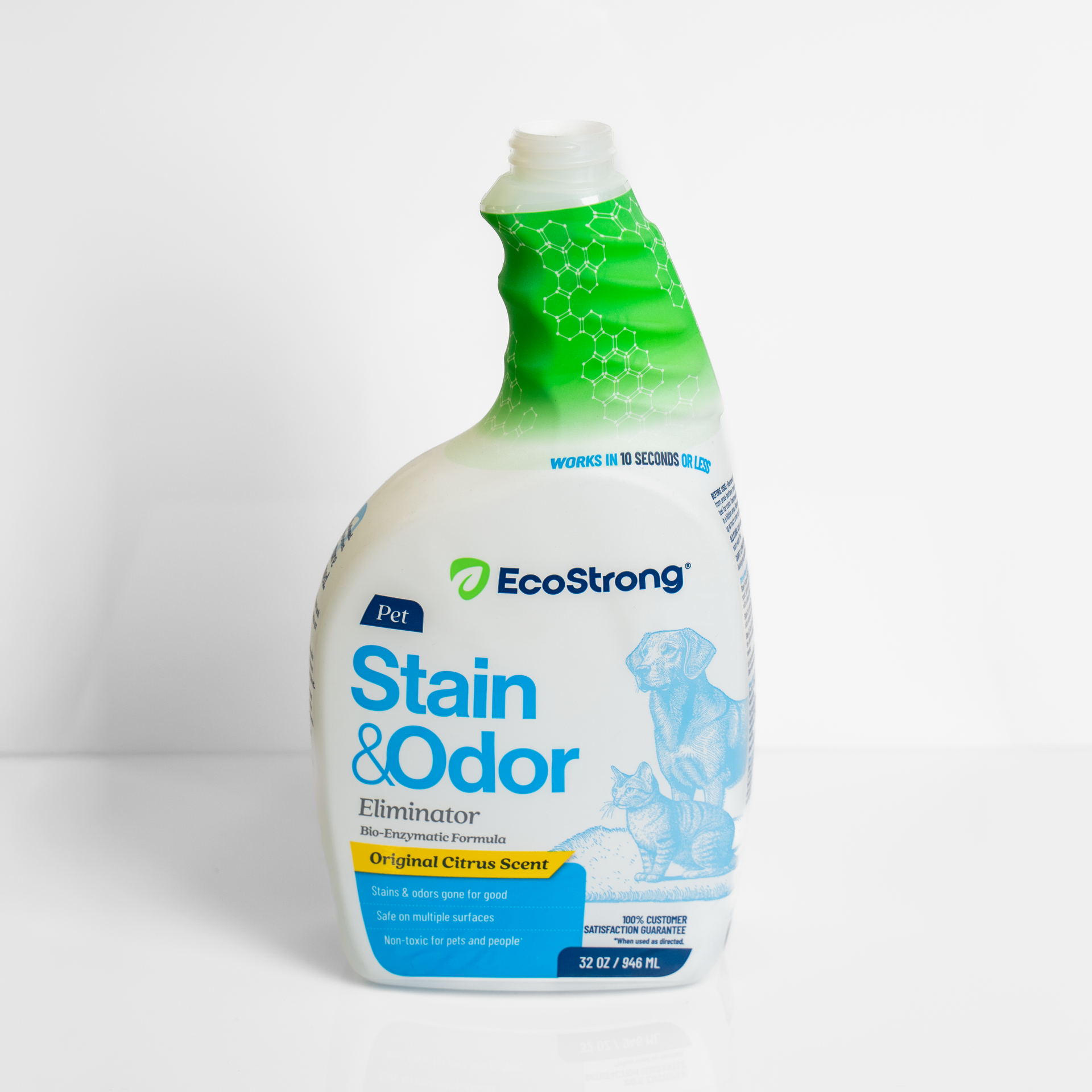 EcoStrong Stain & Odor remover spray bottle with green cap on white background