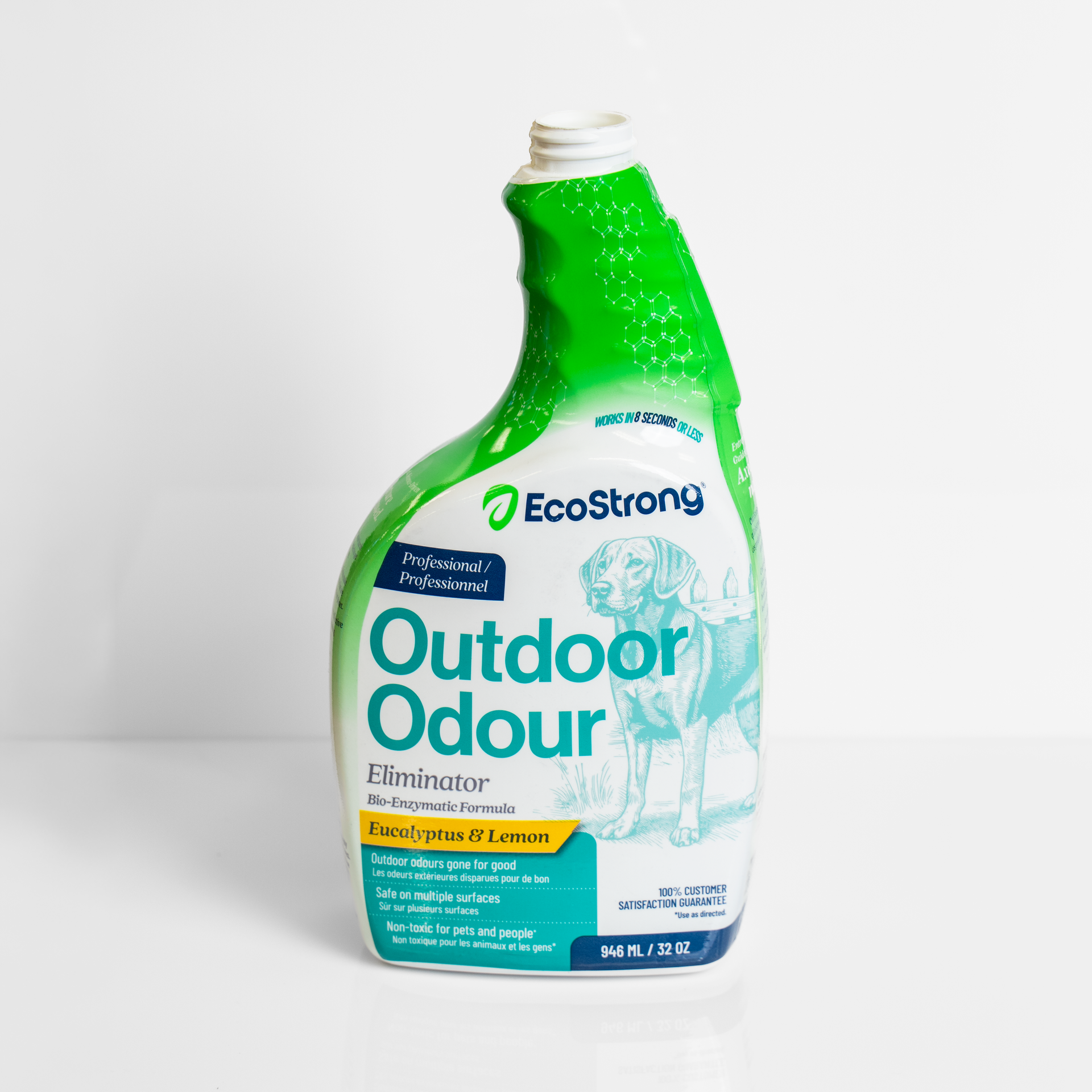 EcoStrong Outdoor Odour Eliminator spray bottle with green cap on a white background