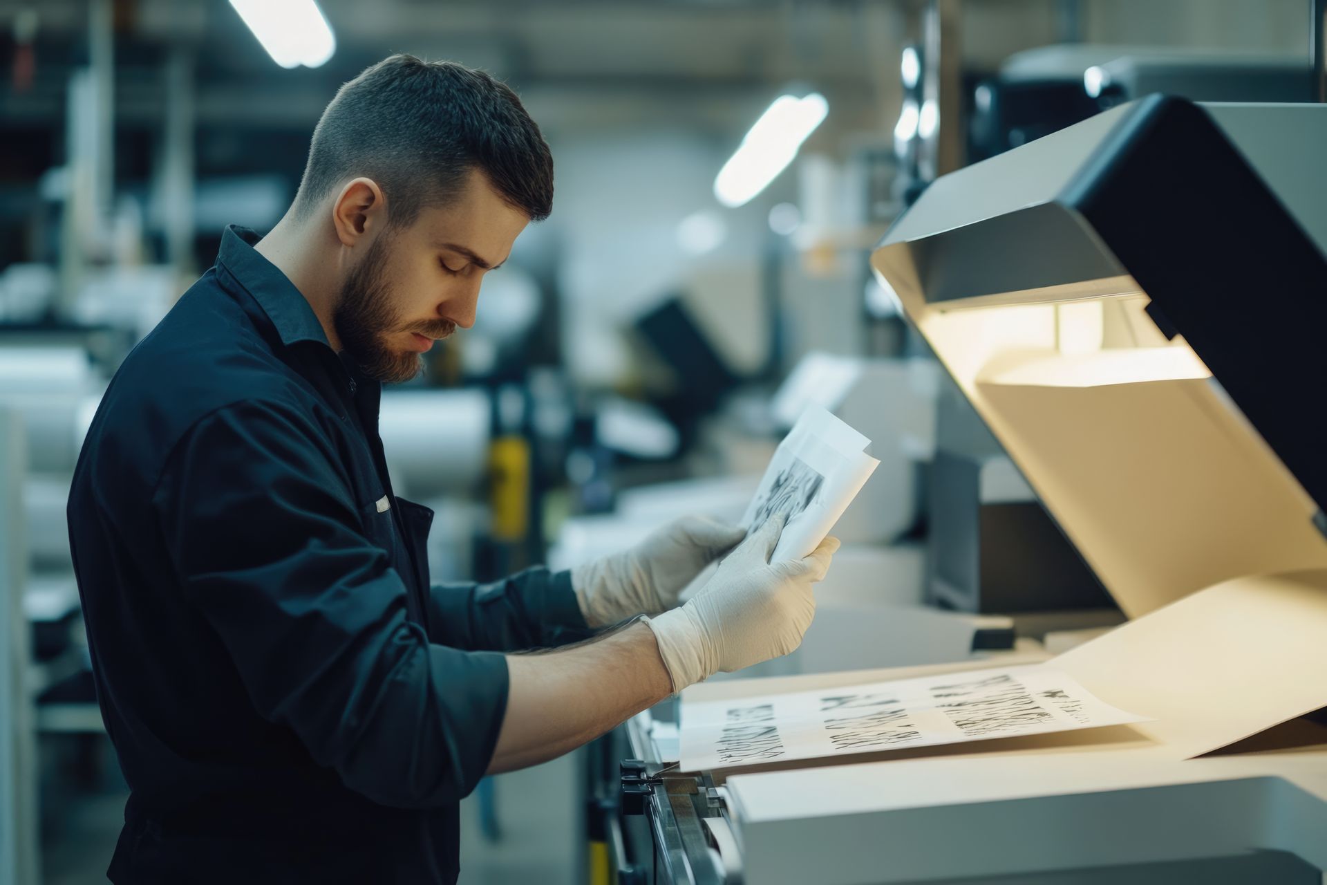 Worker inspecting printed sheets in a factory beside a lit industrial machine
