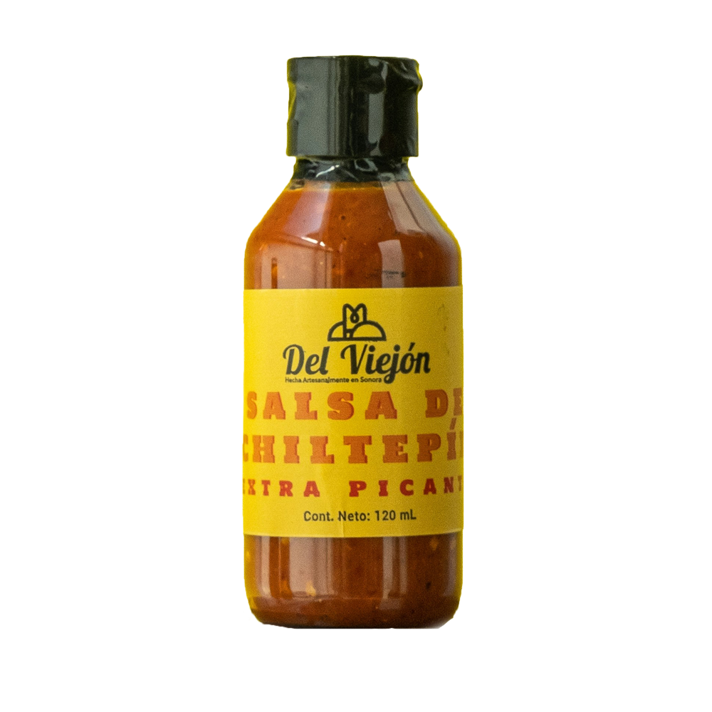 Bottle of Del Viejón salsa de chile extra picante with amber sauce and black cap