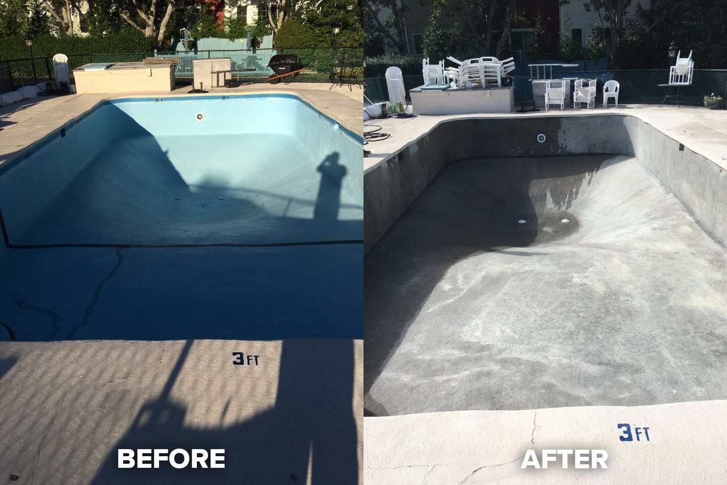Before and After of Swimming Pool Paint Removal — Indiana, PA — Keystone Dustless Mobile Media Blasting LLC
