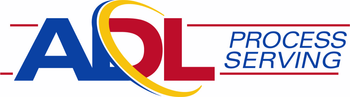 The blue and red logo for ADL Process Serving with a yellow swoosh graphic.