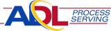Logo for ADL Process Serving with bold blue and red lettering and a yellow swoosh design.