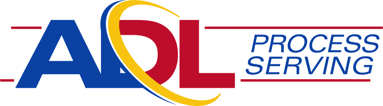 Logo for ADL Process Serving with bold blue and red lettering and a yellow swoosh design.