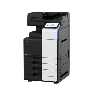 Multifunction printer with black and white panels, control panel, and paper trays.