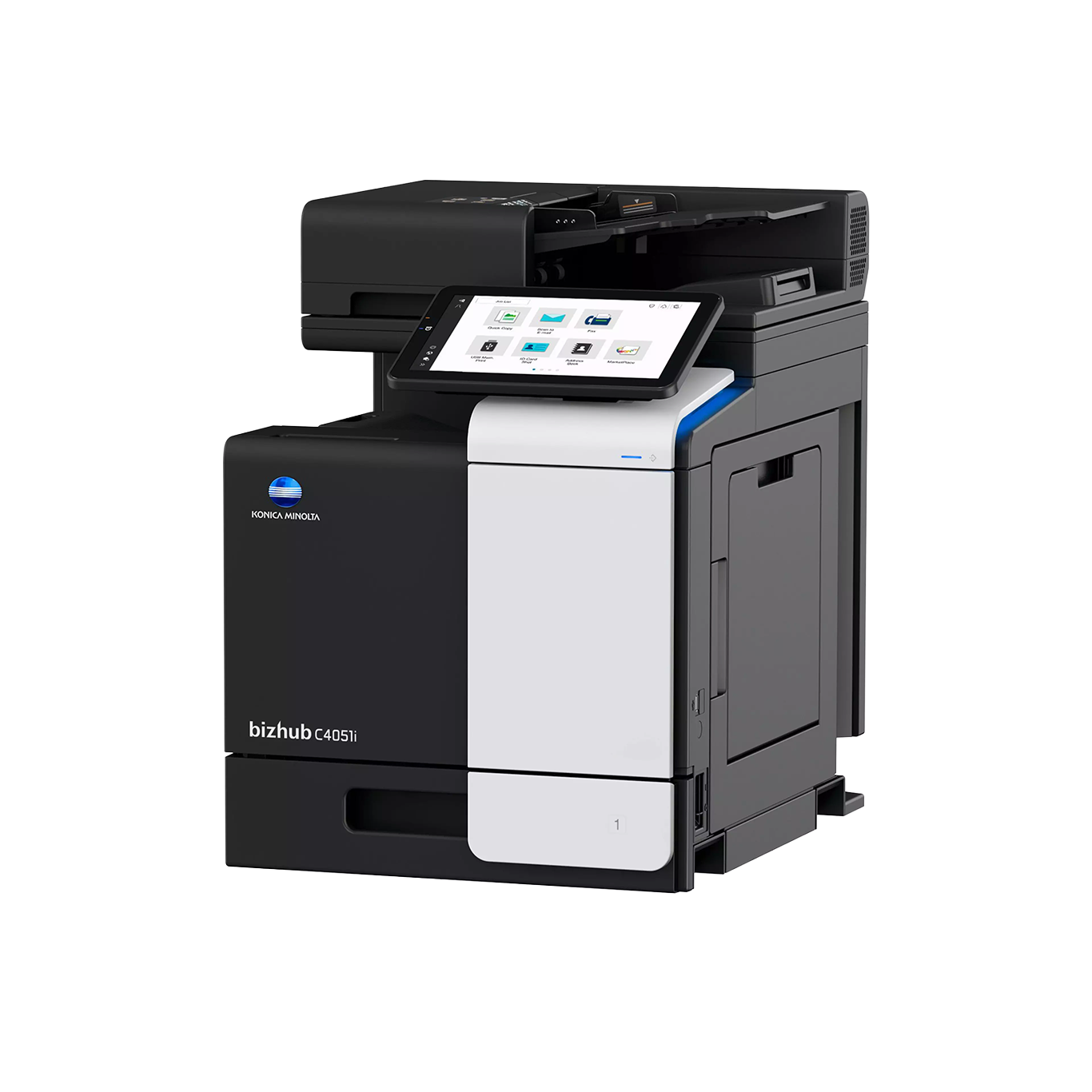 Konica Minolta color laser printer with a touch screen control panel.