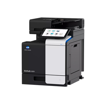Konica Minolta color laser printer with a touch screen control panel.