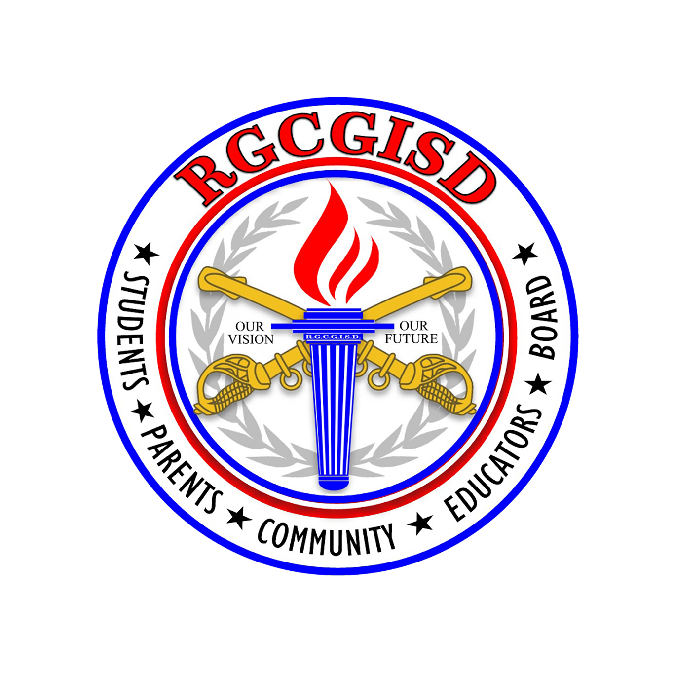 RGCCISD logo: circular seal with torch, flame, and text "Students Parents Community Educators Board".