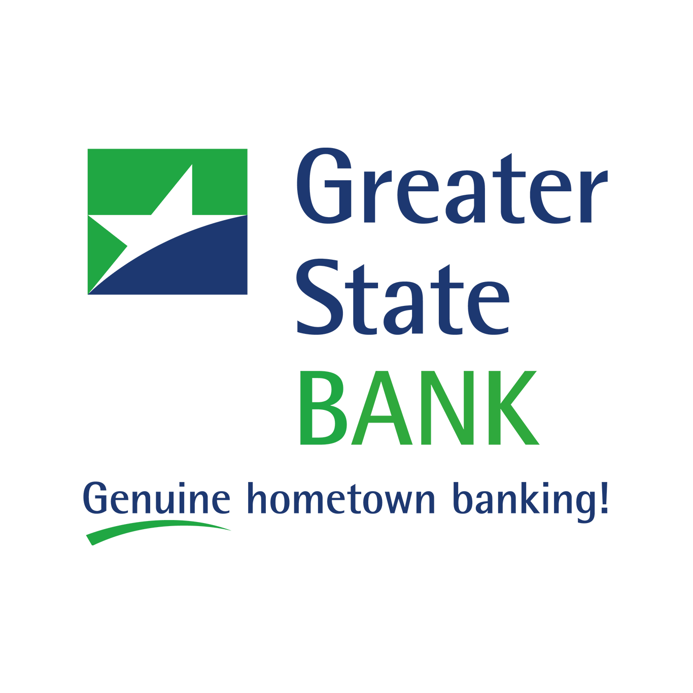 Logo for Greater State Bank: green square with white star and blue crescent; text "Greater State BANK".