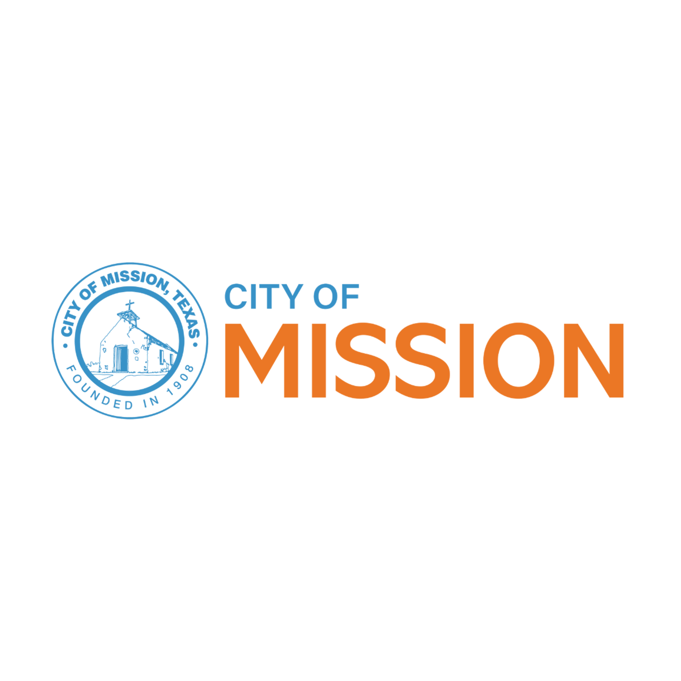 City of Mission logo: blue seal with church icon; orange "City of Mission" text.