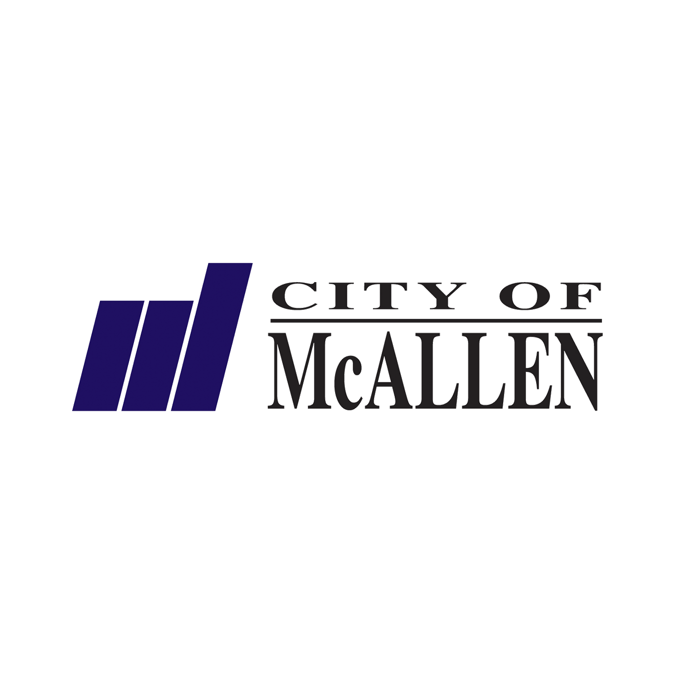 Logo for the City of McAllen: dark blue stacked lines next to text "CITY OF McALLEN".