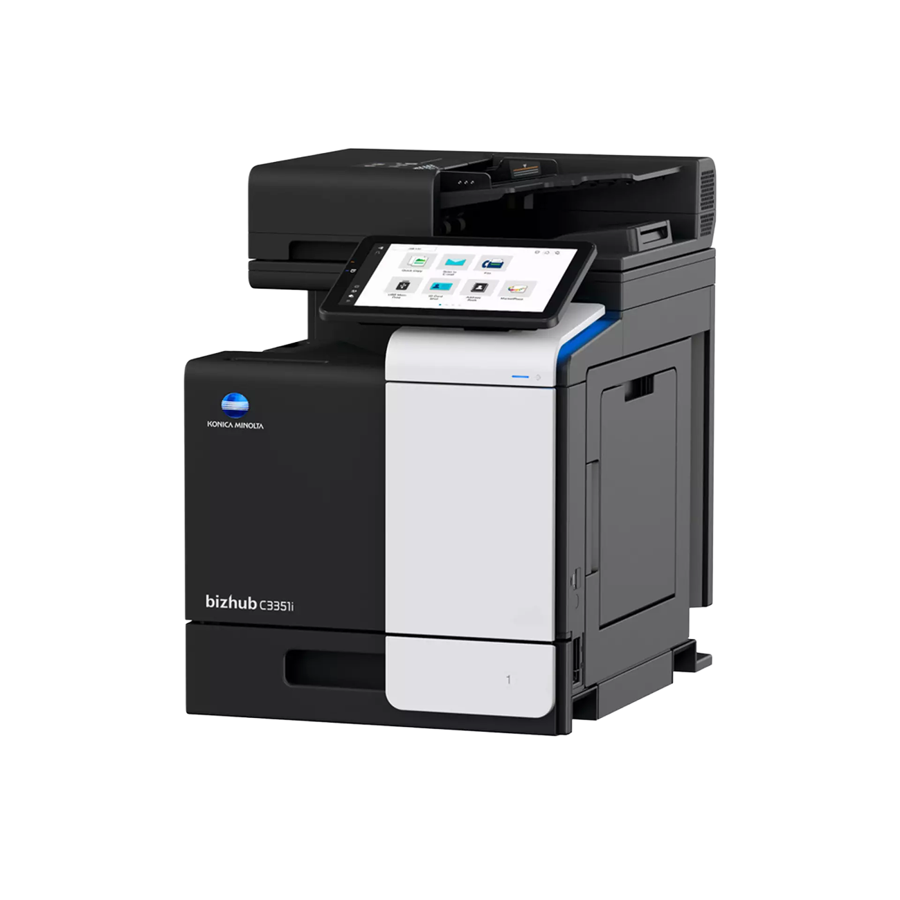 Black and white Konica Minolta multifunction printer with touch screen interface, paper tray, and document feeder.