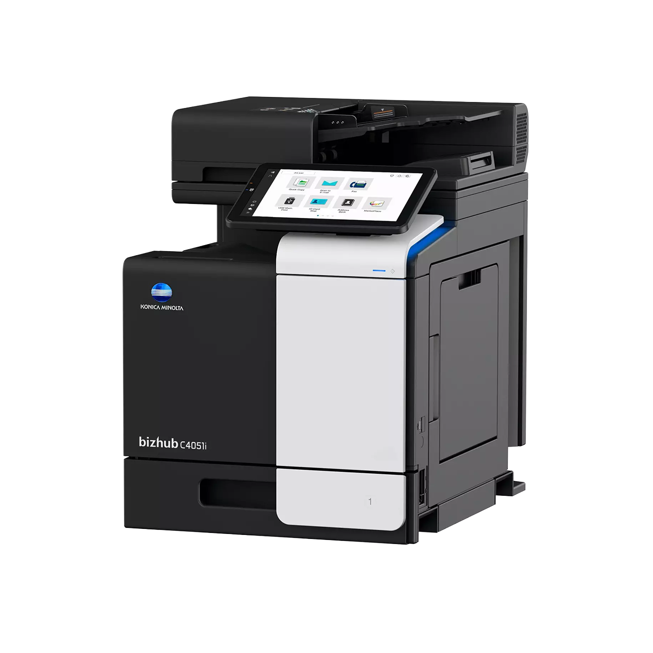 Multifunction printer, black, white, and blue, with touchscreen control panel and document feeder.