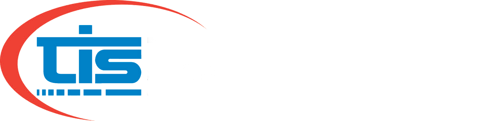 Logo for TIS, blue text with red curved line.