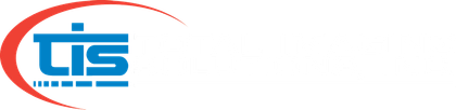 Logo for TIS, blue text with red curved line.