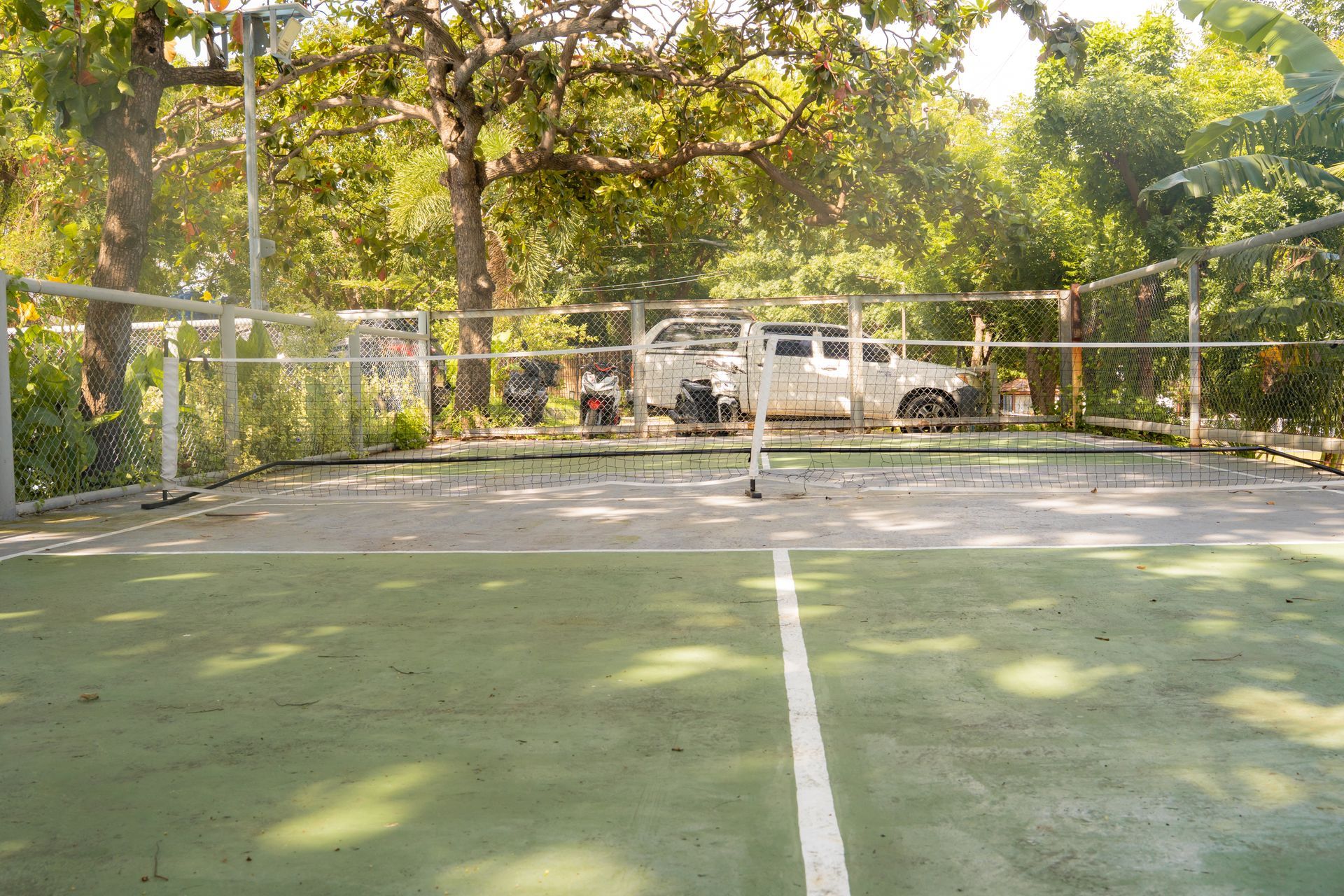 Green pickleball court with net, surrounded by a chain-link fence and trees.