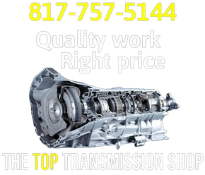 Advertisement for a transmission repair shop showing a car transmission, with phone number 817-757-5144 and company name.