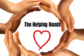 Hands of various skin tones forming a circle around a heart, with "The Helping Hands" text.
