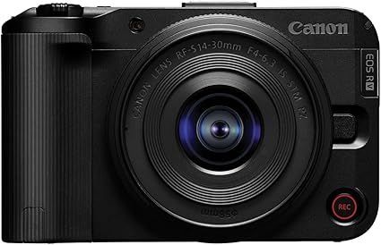 Black Canon camera with lens and flip-out screen.