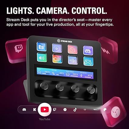 Black Elgato Stream Deck with buttons, LCD screen, and knobs for streaming control.