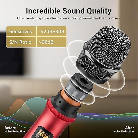 Silver and red wireless microphones with a receiver, for a karaoke or stage performance.