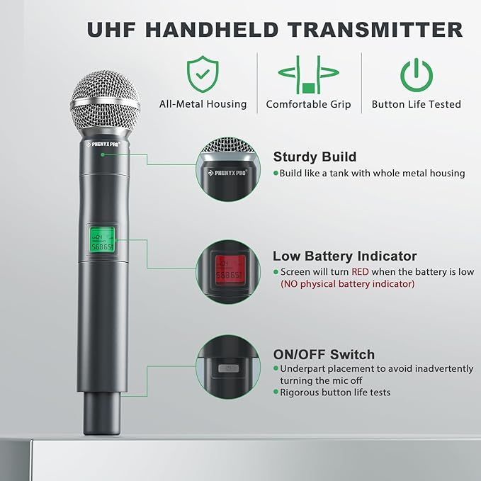 Four wireless microphones, a receiver, and antennas.