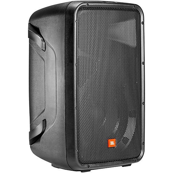 A JBL EON 208P portable PA system with two speakers and a central mixer panel, all black.