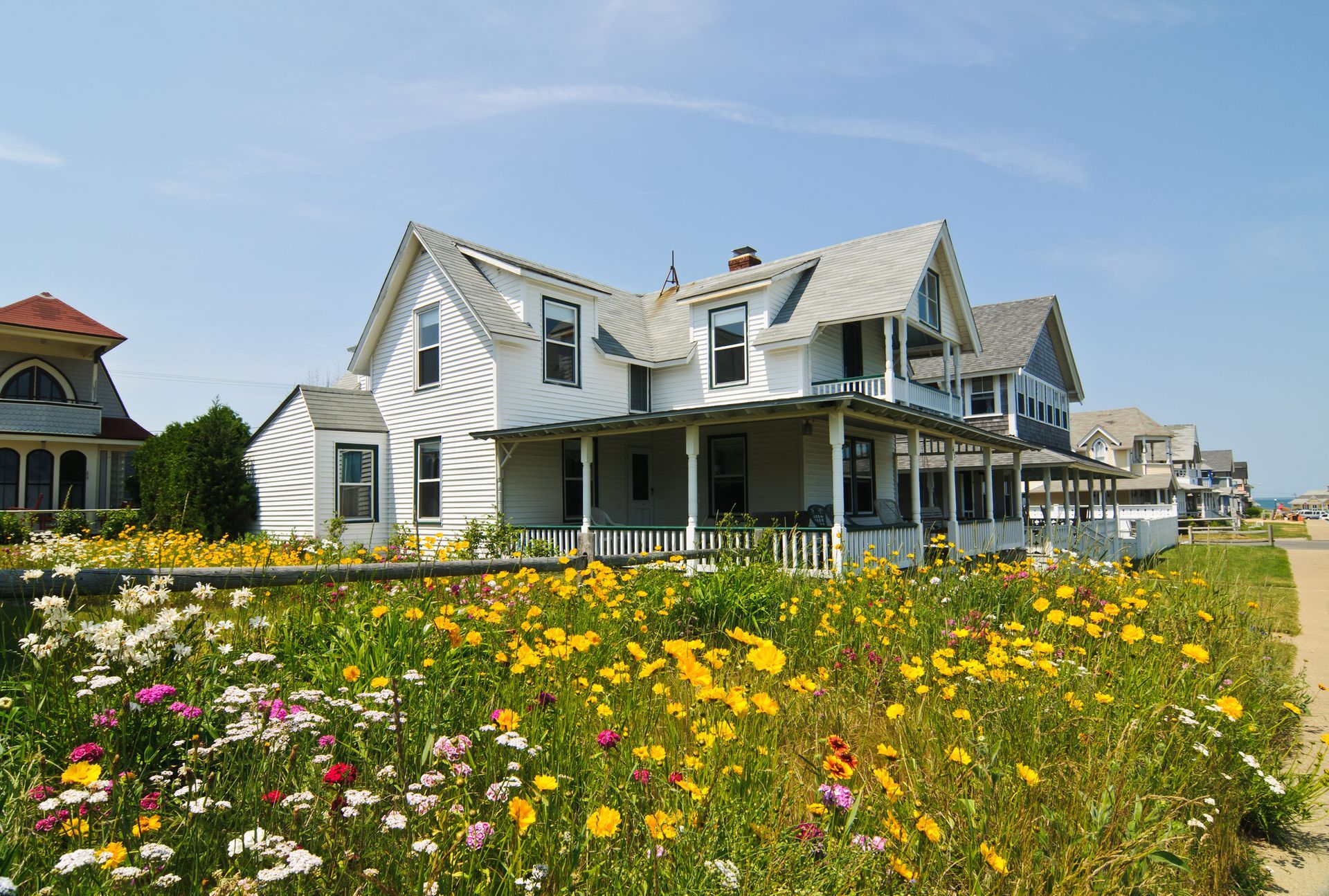 A white house is surrounded by a field of flowers
