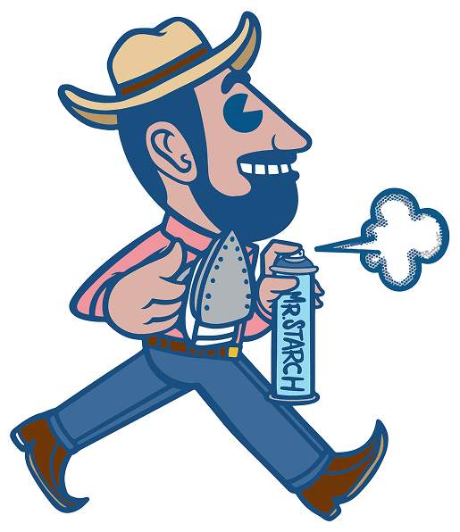 A man in a cowboy hat is holding an iron and a can of no starch