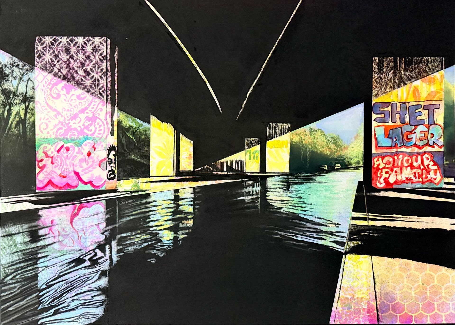 mixed media with charcoal painting of canal with overhead motorway and bright graffiti on supports