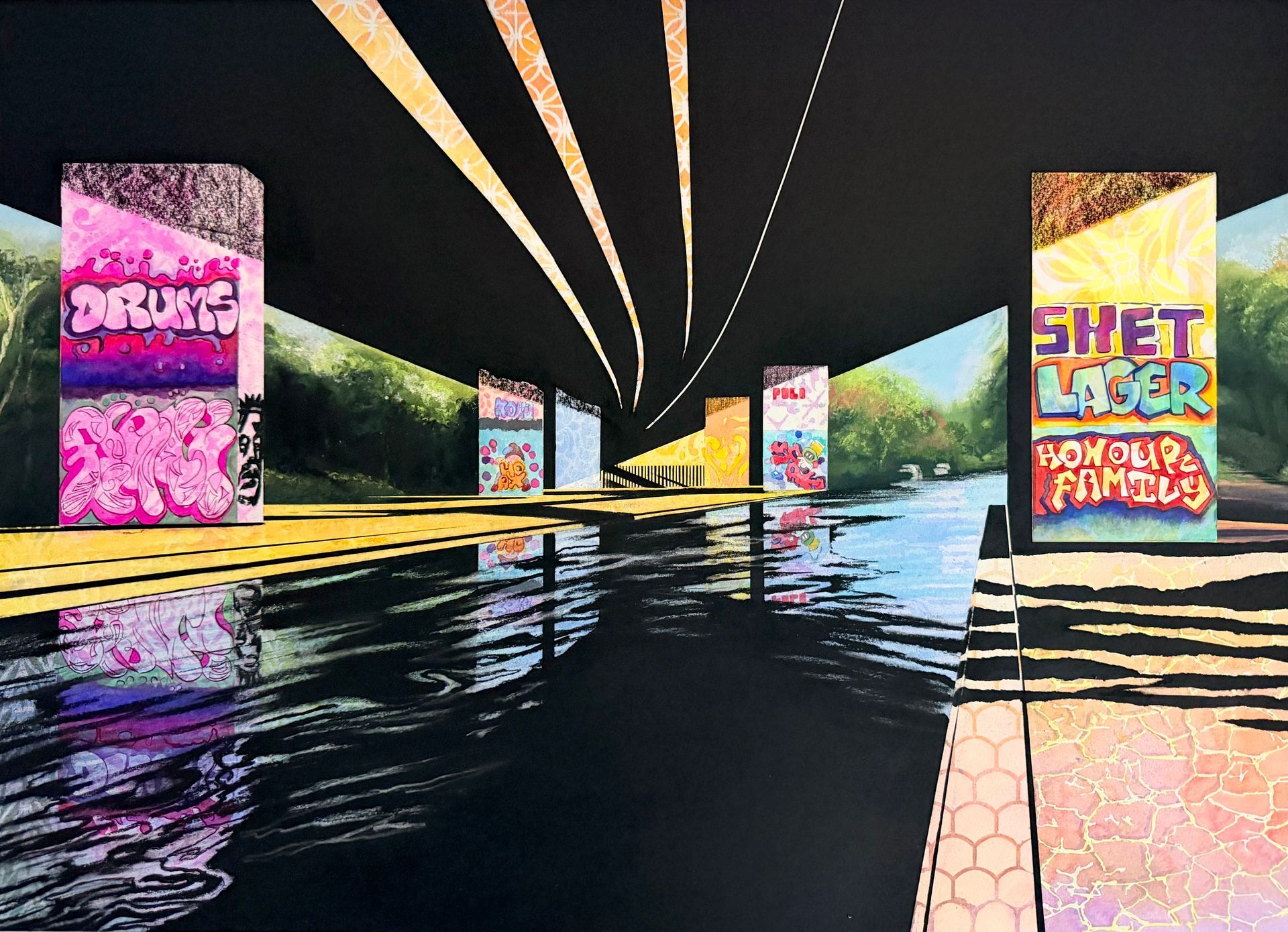 mixed media canal with overhead motorway painting with bright graffiti on motorway supports