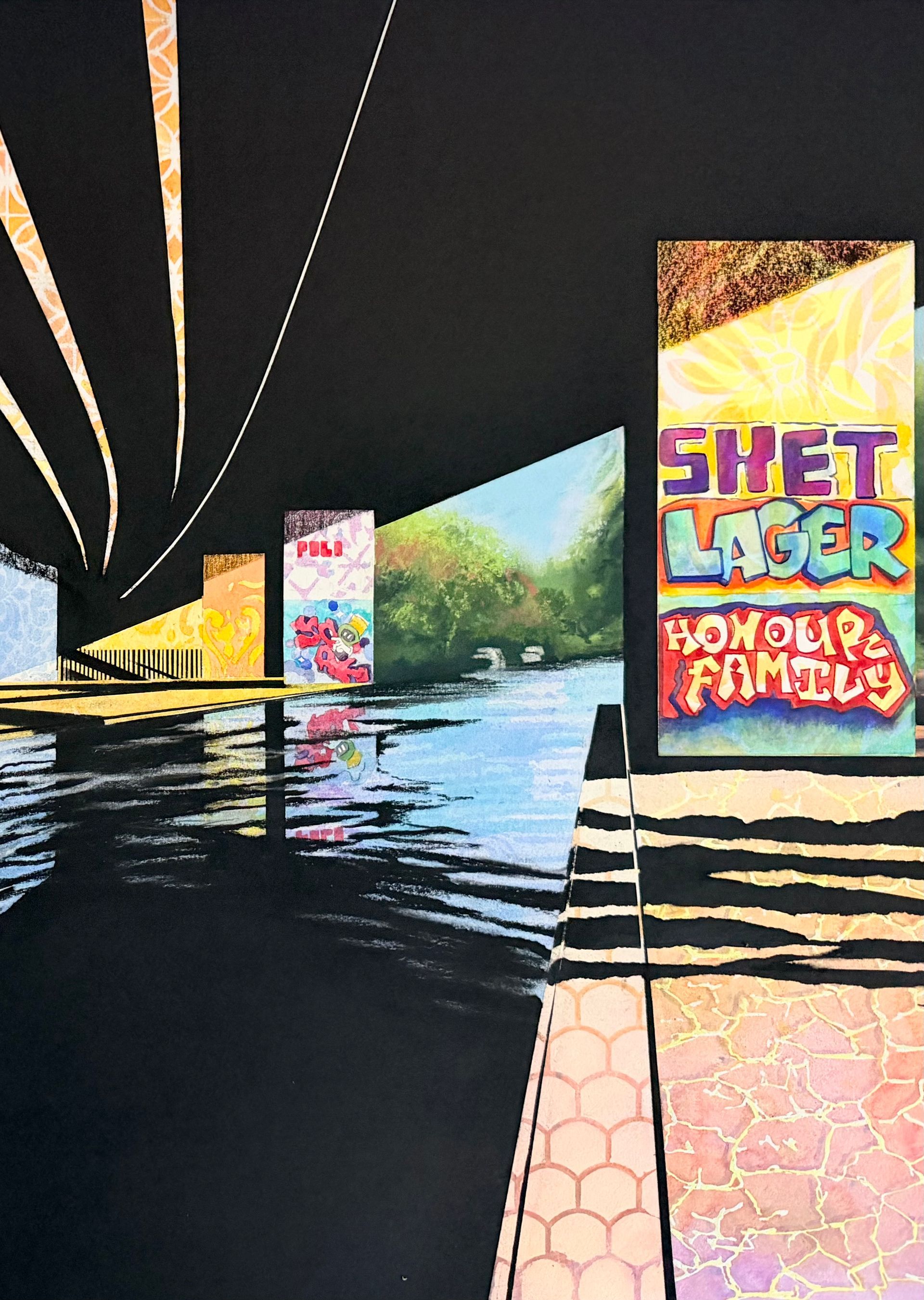 canal painting with vivid water reflections of graffiti below M25 using charcoal and other mixed media