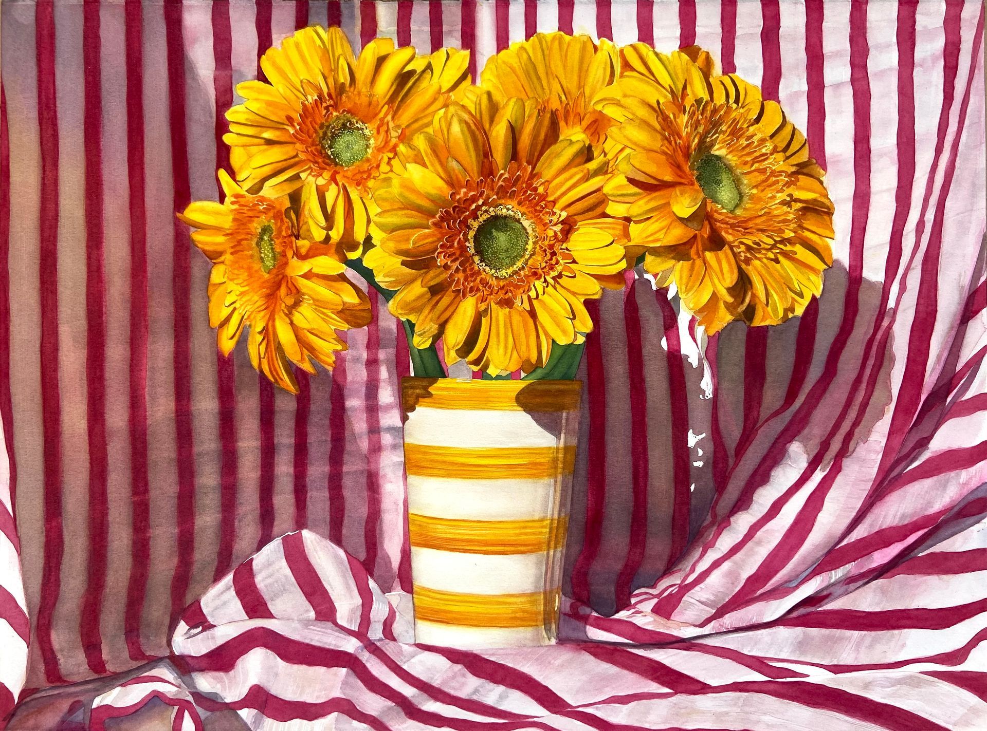 still life painting of yellow gerbera daisies in yellow striped vase surrounded by pink striped fabric.
