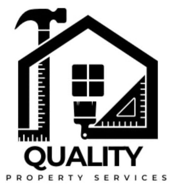 Logo for Quality Property Services: house shape with tools (hammer, ruler, brush, square). Black and white.