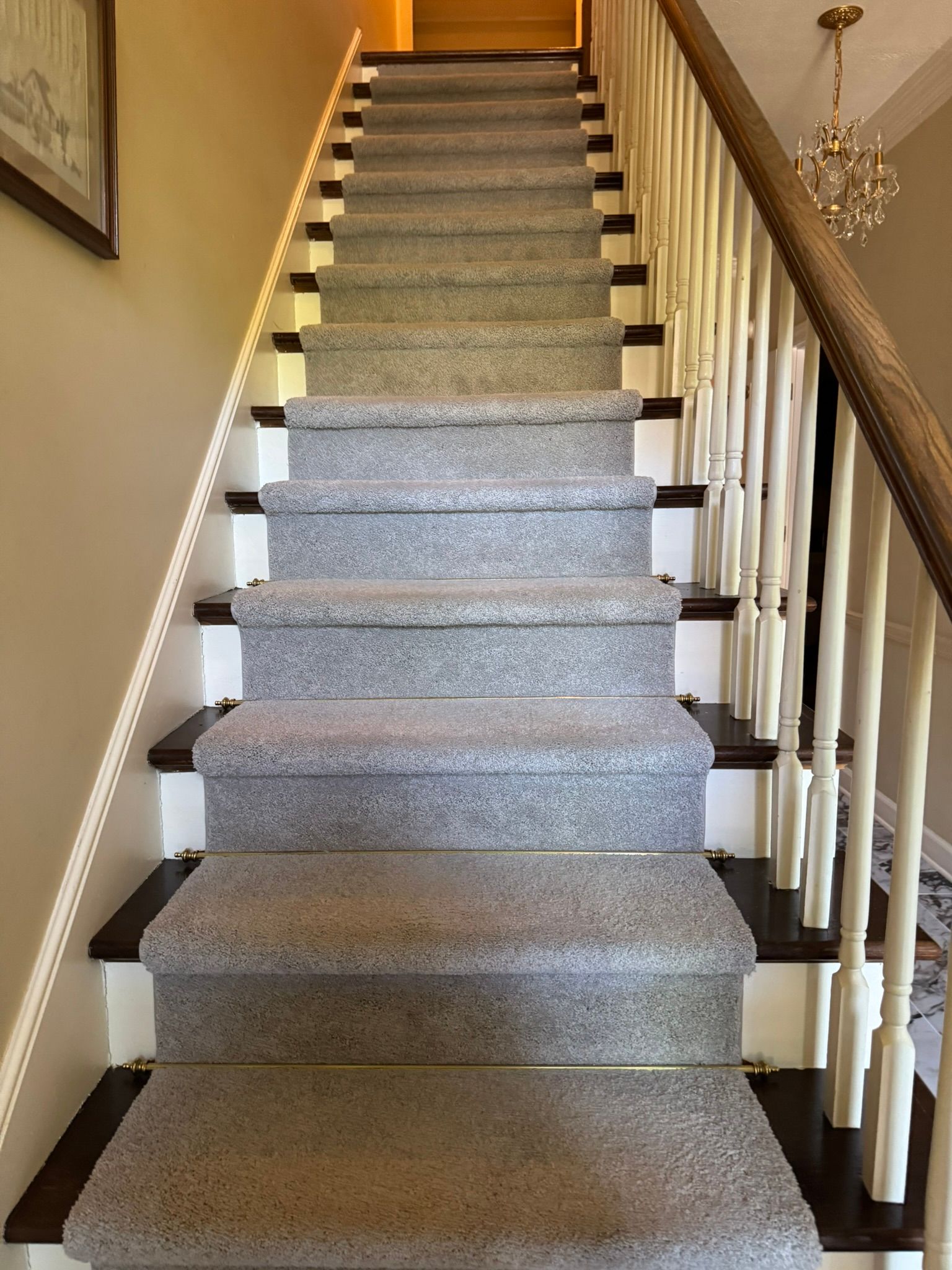 Staircase with gray carpet and dark wood steps, light-colored walls, and a wooden handrail.