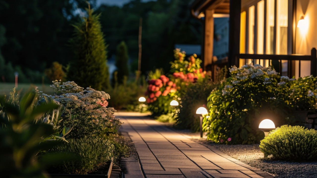 A brick walkway leading to a house is lit up at night.