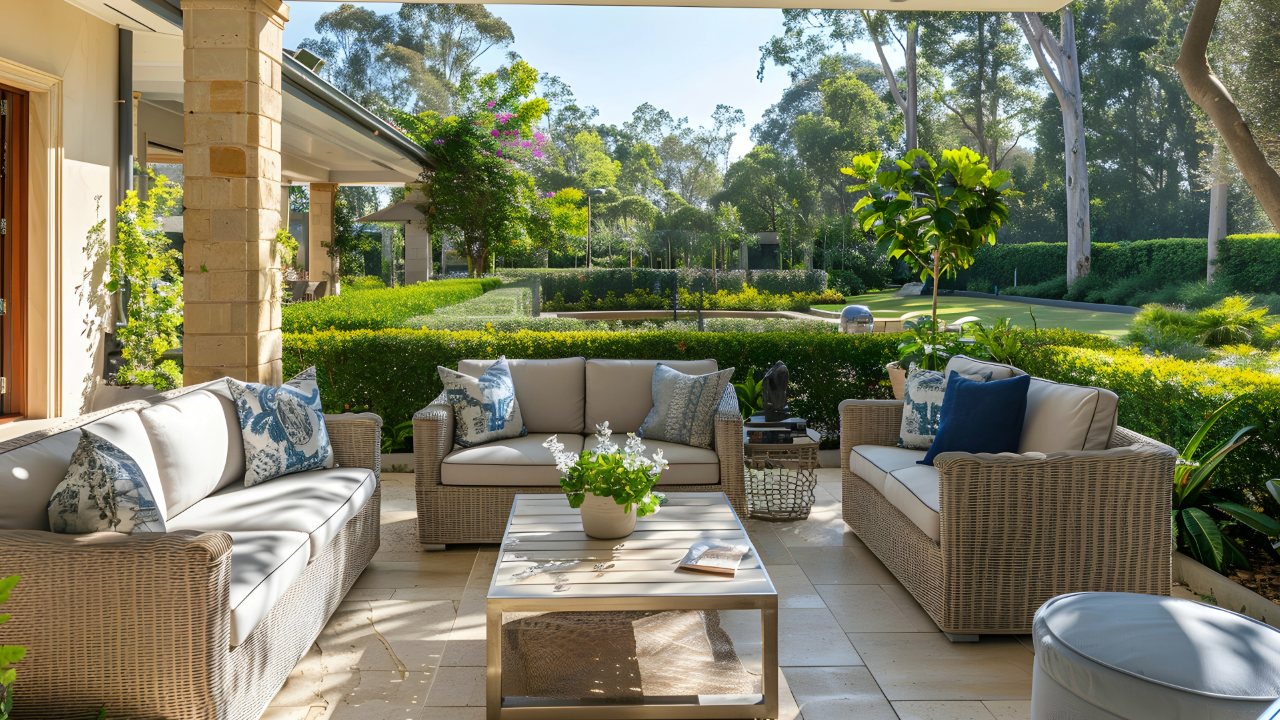 A patio with a lot of furniture and a table.