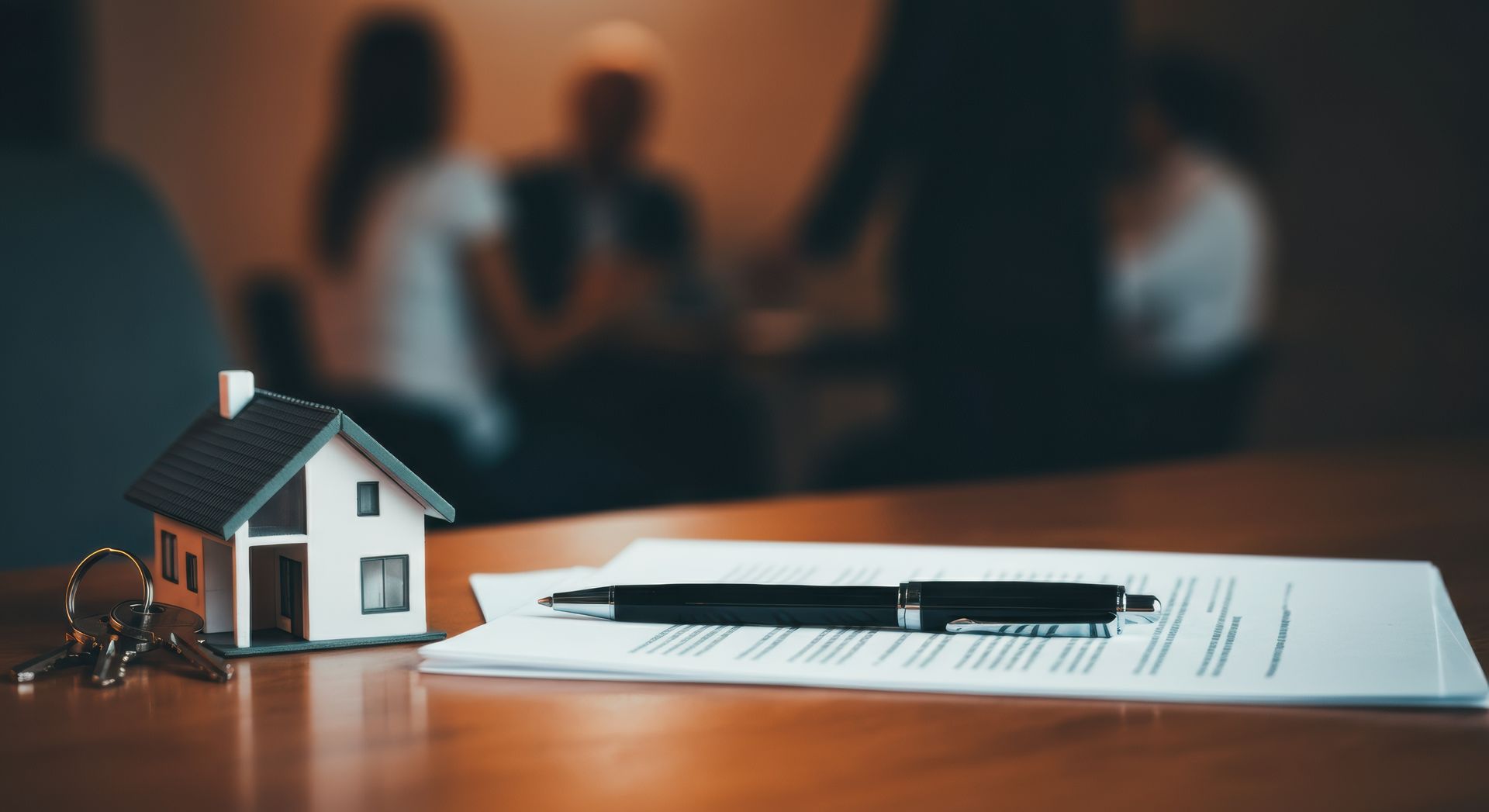 A small model house and keys sit next to a pen on a contract, with blurred people in the background.