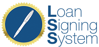 A logo for a loan signing system with a pen