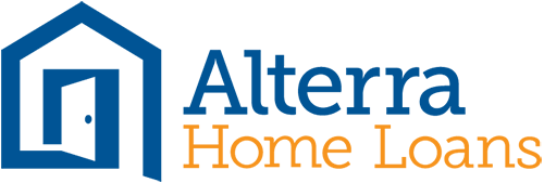 A blue and orange logo for alterra home loans