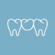 Outline of three teeth in white on a blue background; dental bridge concept.