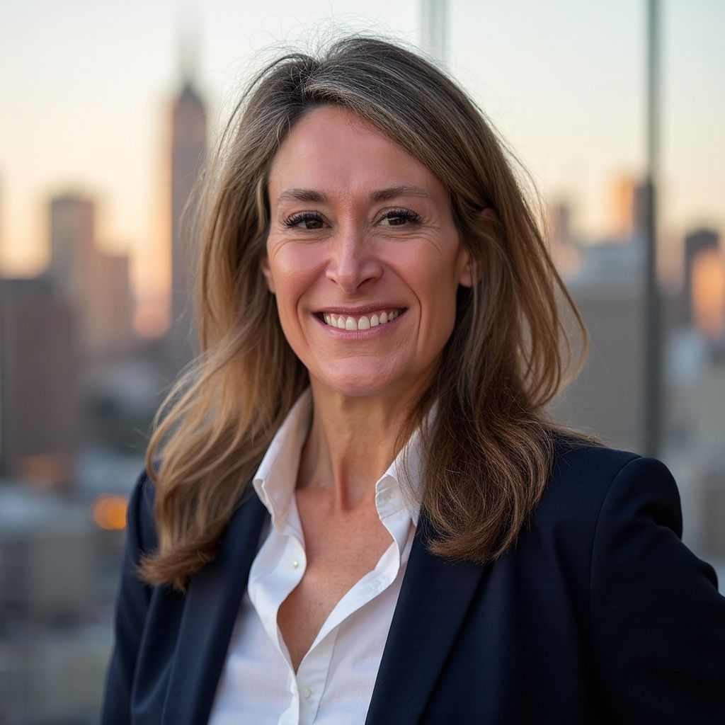 A woman in a suit and white shirt is smiling for the camera.