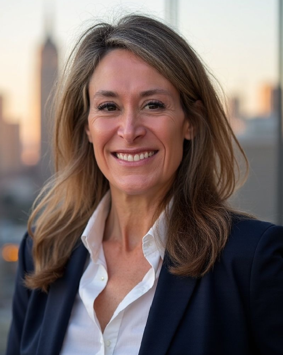 A woman in a suit and white shirt is smiling for the camera.