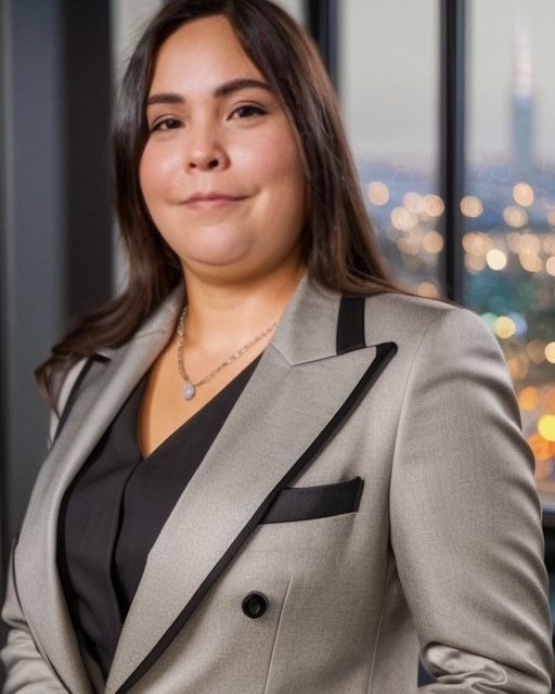 A woman in a suit is smiling for the camera