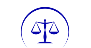 A blue scale of justice in a circle on a white background