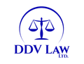 A blue and white logo for ddv law ltd.