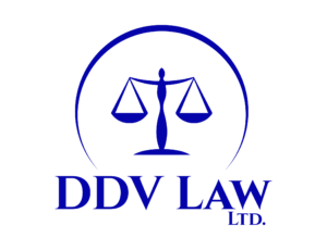 A blue and white logo for ddv law ltd.